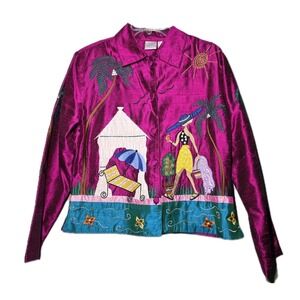 BLEU BAYOU SZ M. Fuchsia SILK Button-Up VACATION ART-TO-WEAR Embroidered JACKET